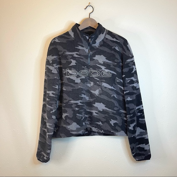 BEBE SPORT Polar Fleece Black Camo 1/4 Zip Women’s Jacket Sz Medium NWT - Picture 1 of 10